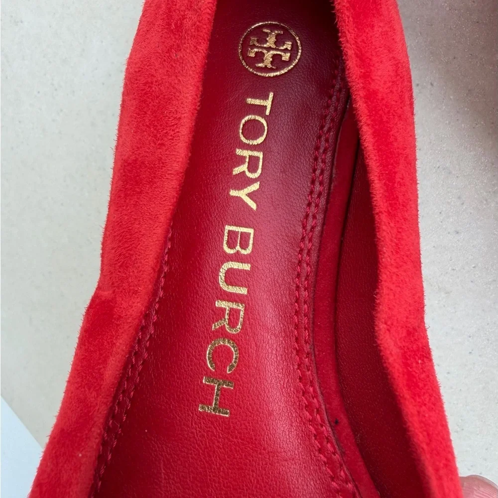 Tory Burch Red Suede Square-Toe Logo Ballet Flats Size 6.5